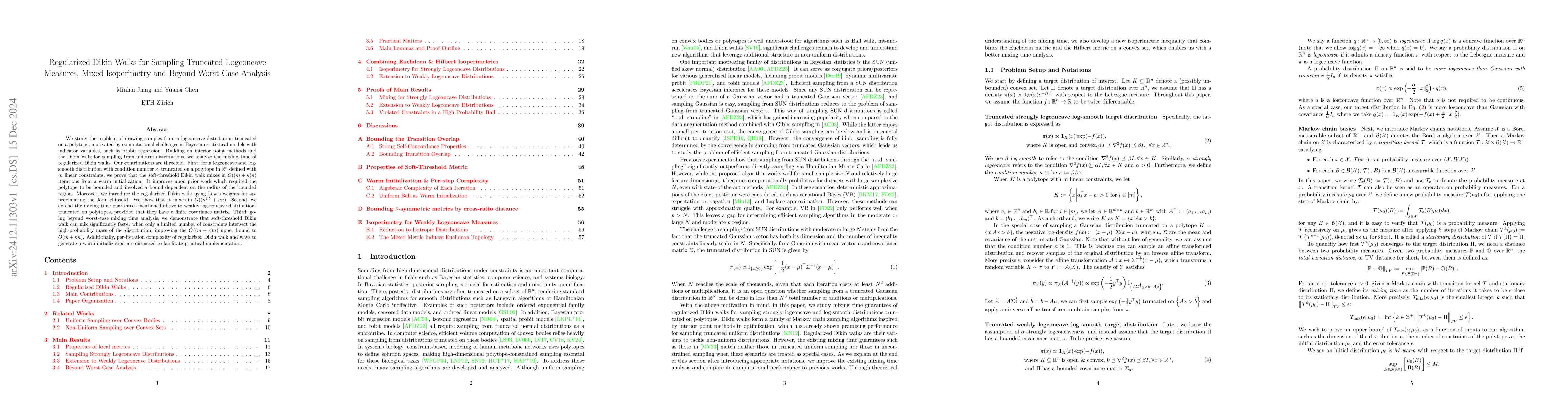 Thumbnail for Regularized Dikin Walks for Sampling Truncated Logconcave Measures,
  Mixed Isoperimetry and Beyond Worst-Case Analysis