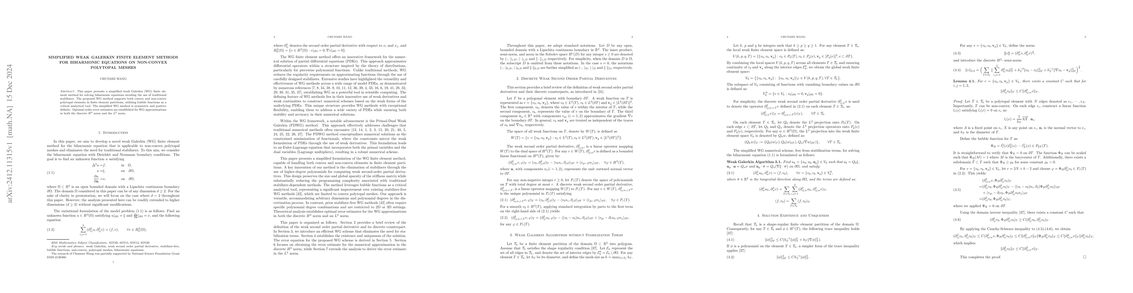 Thumbnail for Simplified Weak Galerkin Finite Element Methods for Biharmonic Equations
  on Non-Convex Polytopal Meshes