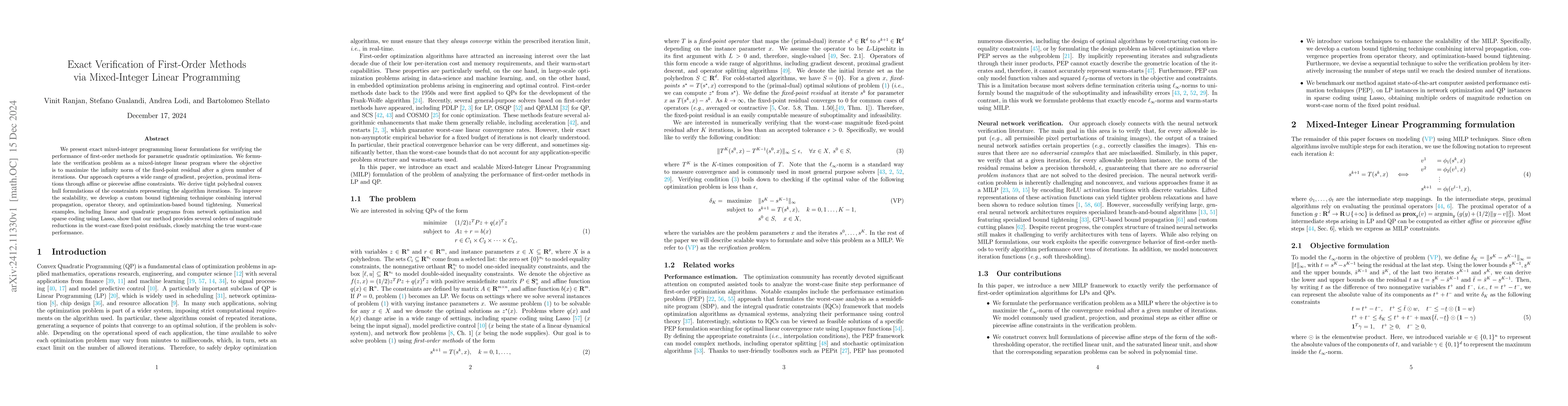 Thumbnail for Exact Verification of First-Order Methods via Mixed-Integer Linear
  Programming