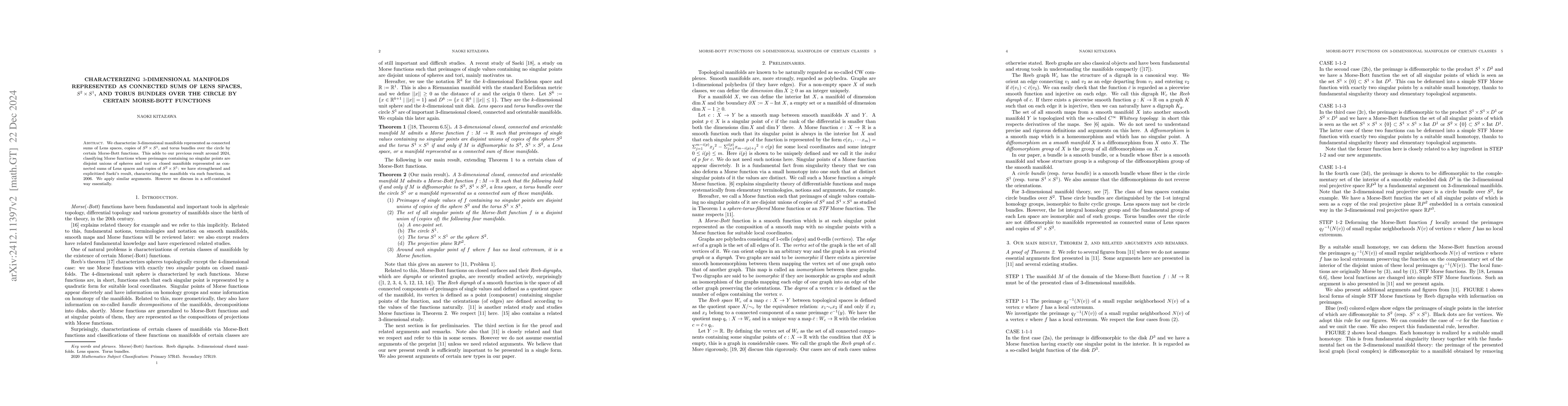 Thumbnail for Characterizing $3$-dimensional manifolds represented as connected sums
  of Lens spaces, $S^2 \times S^1$, and torus bundles over the circle by
  certain Morse-Bott functions