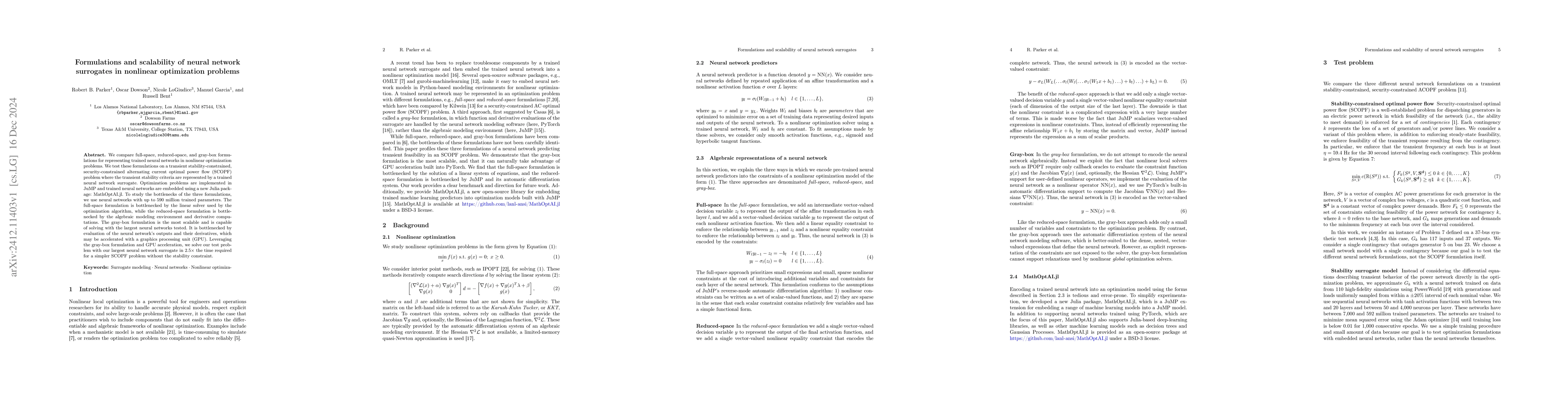Thumbnail for Formulations and scalability of neural network surrogates in nonlinear
  optimization problems