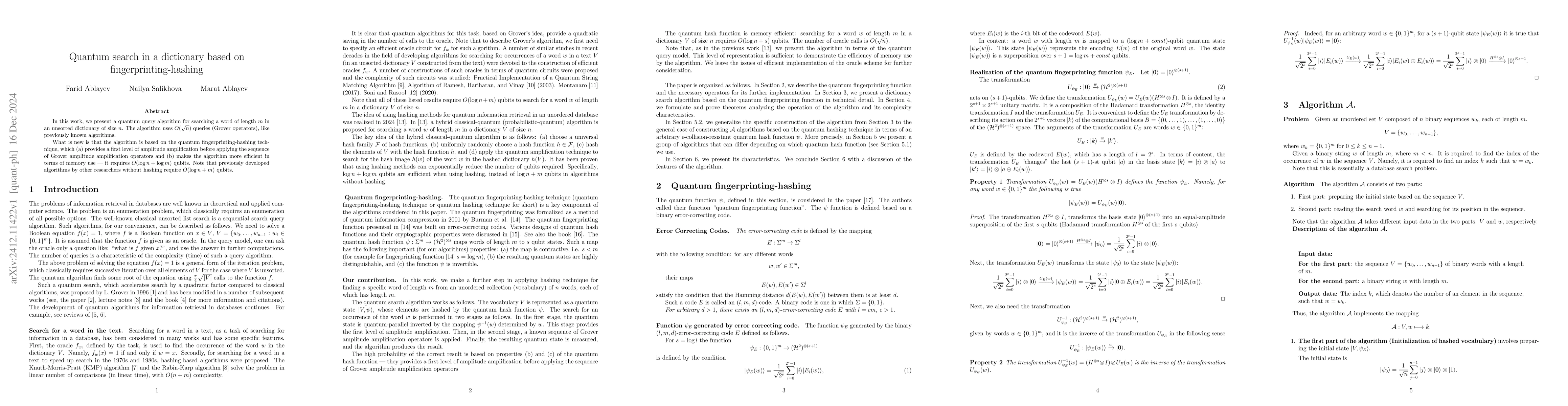 Thumbnail for Quantum search in a dictionary based on fingerprinting-hashing