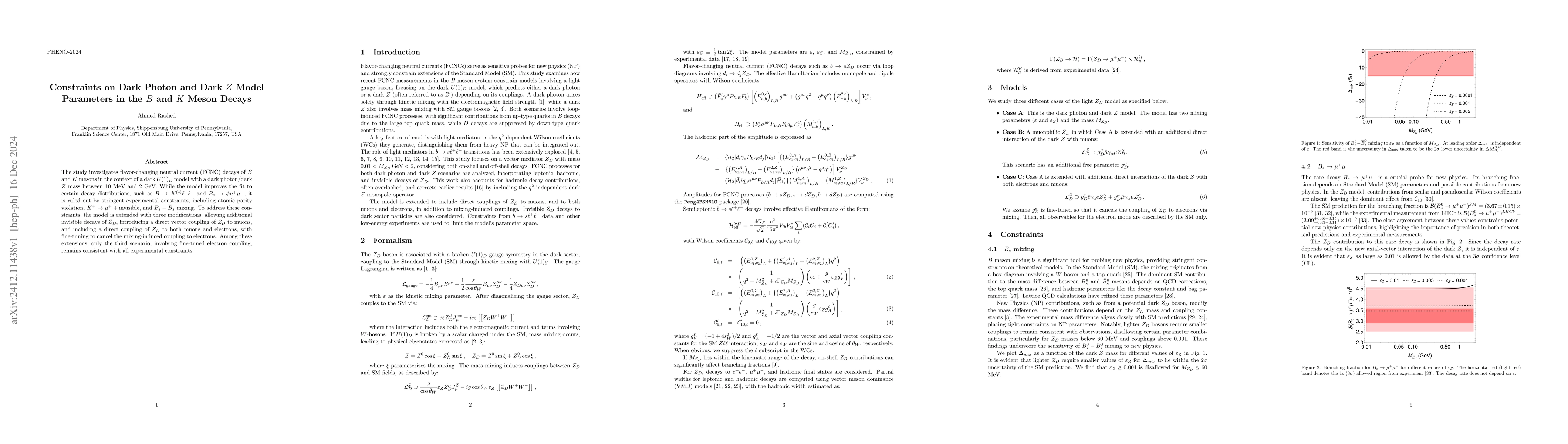 Thumbnail for Constraints on Dark Photon and Dark $Z$ Model Parameters in the $B$ and
  $K$ Meson Decays