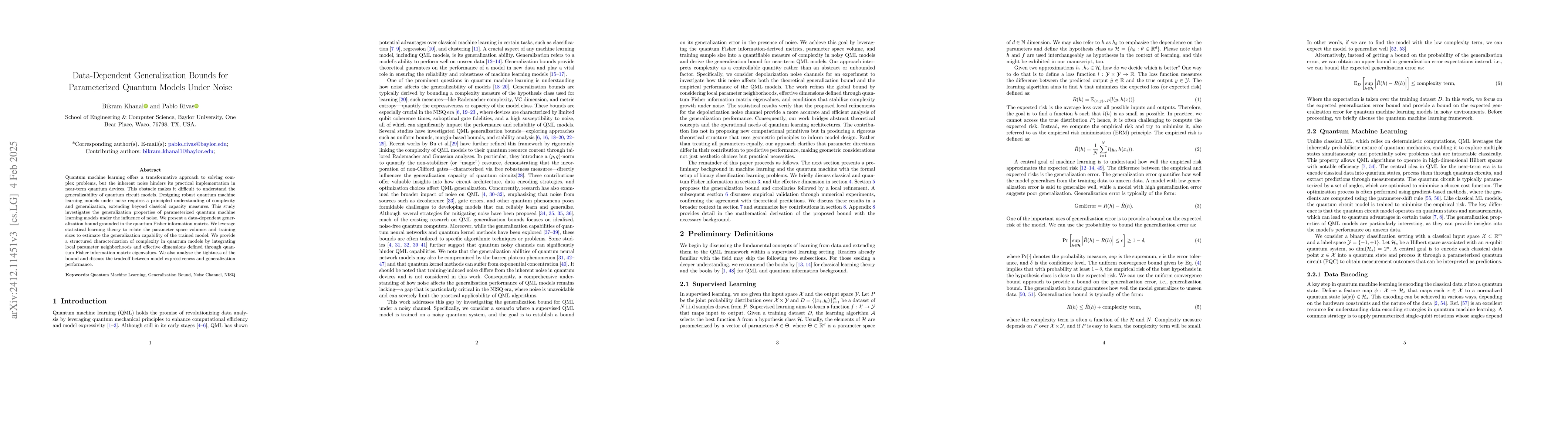 Thumbnail for Data-Dependent Generalization Bounds for Parameterized Quantum Models
  Under Noise