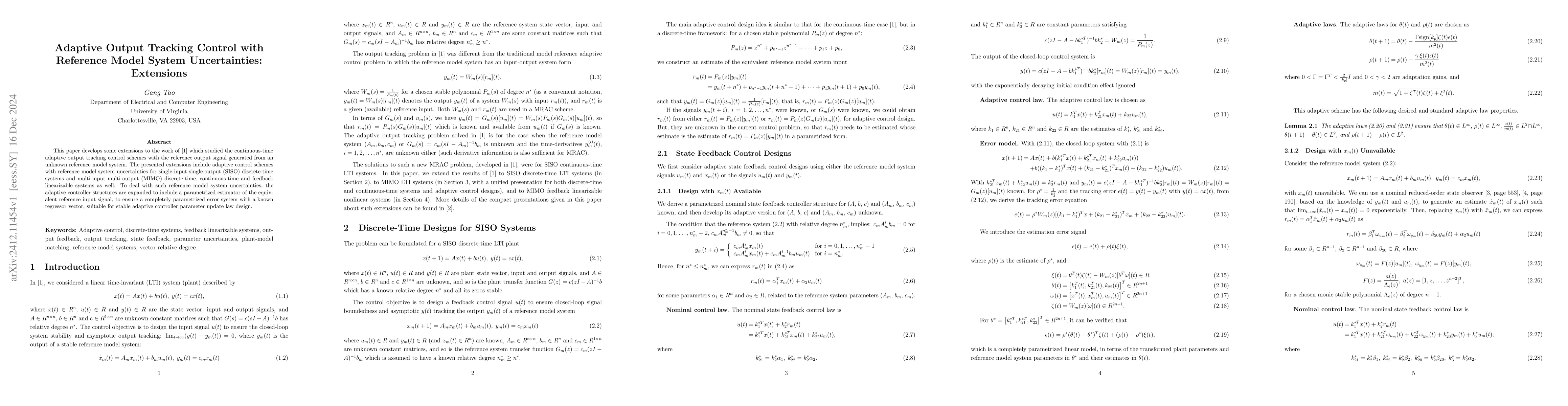 Thumbnail for Adaptive Output Tracking Control with Reference Model System
  Uncertainties: Extensions