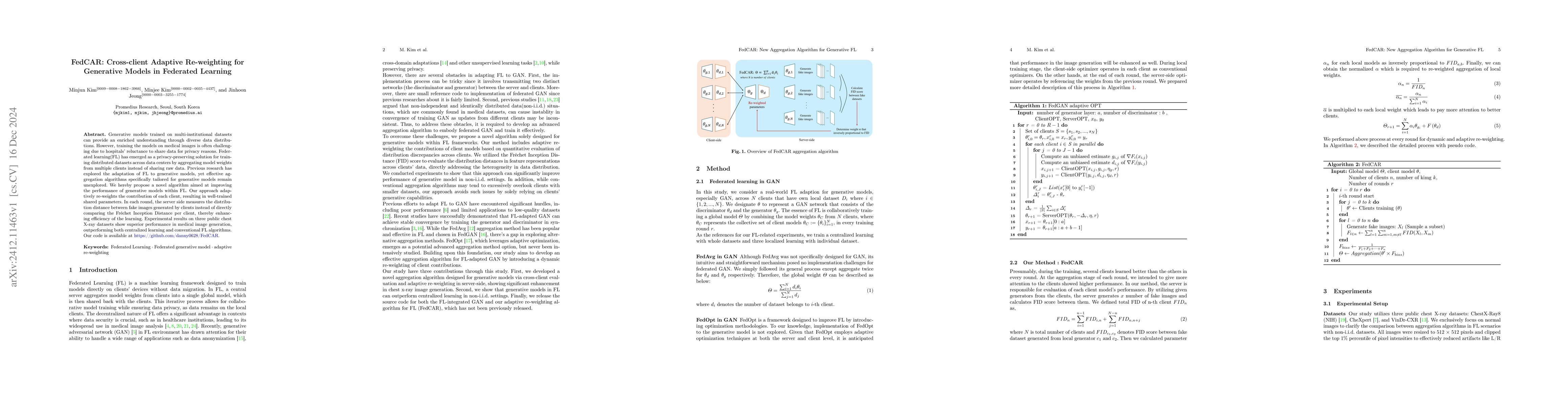 Thumbnail for FedCAR: Cross-client Adaptive Re-weighting for Generative Models in
  Federated Learning