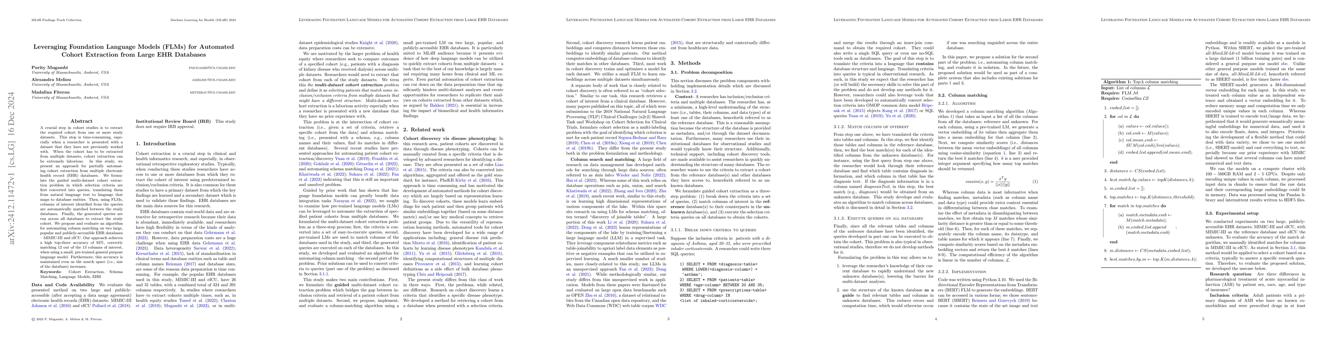 Thumbnail for Leveraging Foundation Language Models (FLMs) for Automated Cohort
  Extraction from Large EHR Databases