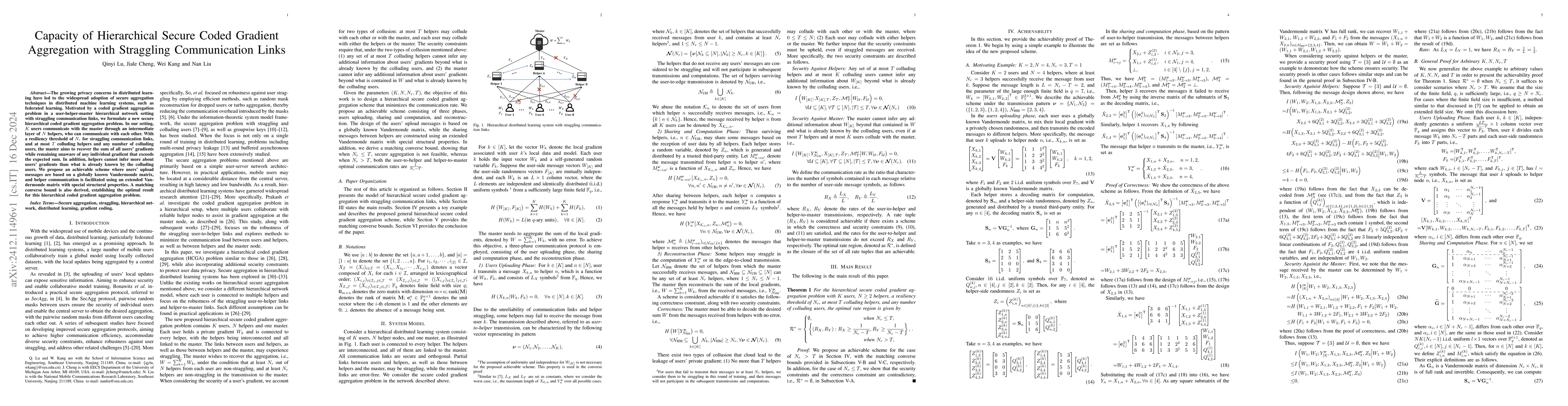 Thumbnail for Capacity of Hierarchical Secure Coded Gradient Aggregation with
  Straggling Communication Links