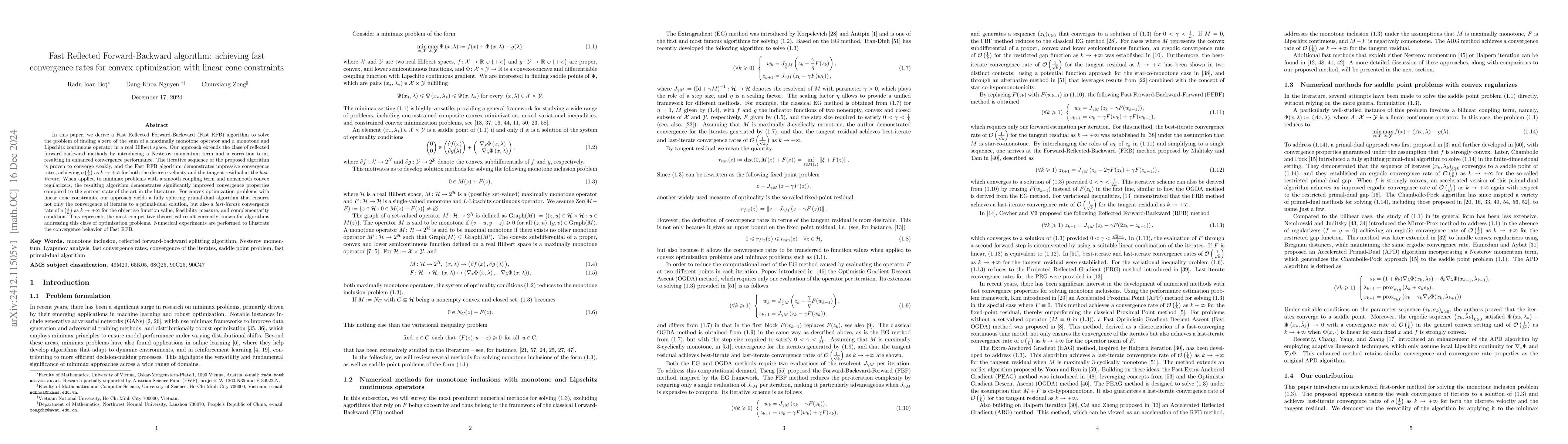 Thumbnail for Fast Reflected Forward-Backward algorithm: achieving fast convergence
  rates for convex optimization with linear cone constraints