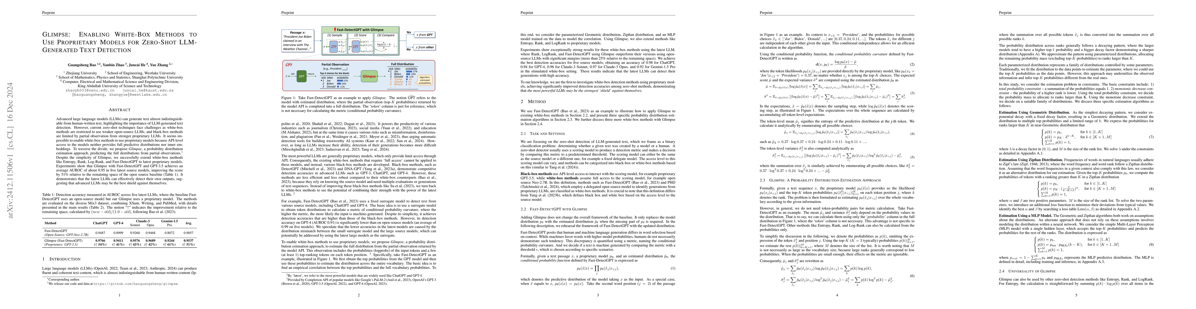 Thumbnail for Glimpse: Enabling White-Box Methods to Use Proprietary Models for
  Zero-Shot LLM-Generated Text Detection