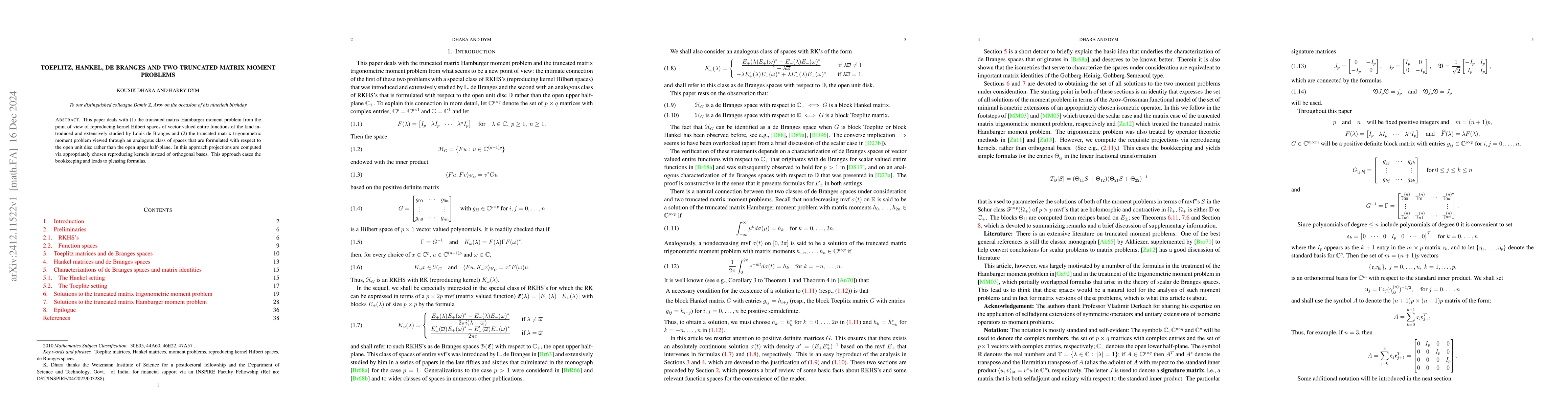 Thumbnail for Toeplitz, Hankel, de Branges and two truncated matrix moment problems