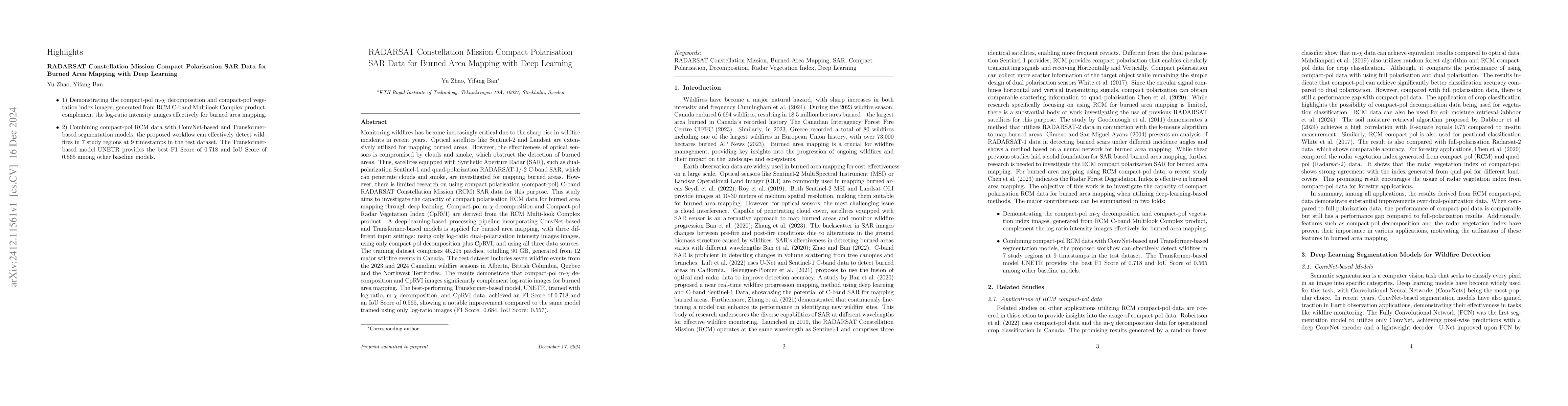 Thumbnail for RADARSAT Constellation Mission Compact Polarisation SAR Data for Burned
  Area Mapping with Deep Learning