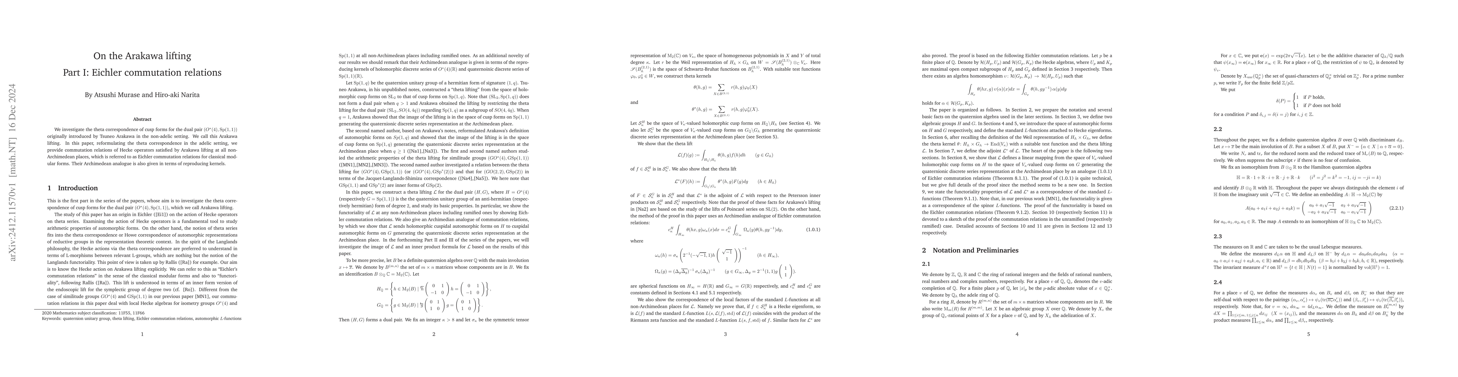 Thumbnail for On the Arakawa lifting Part I: Eichler commutation relations