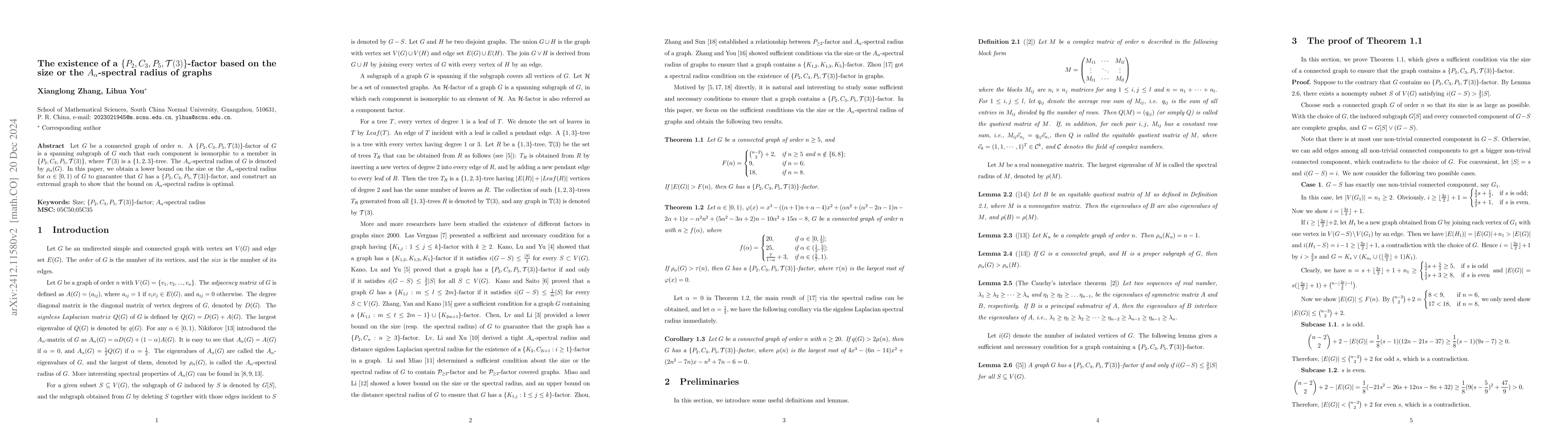 Thumbnail for The existence of a $\{P_{2},C_{3},P_{5},\mathcal{T}(3)\}$-factor based
  on the size or the $A_α$-spectral radius of graphs