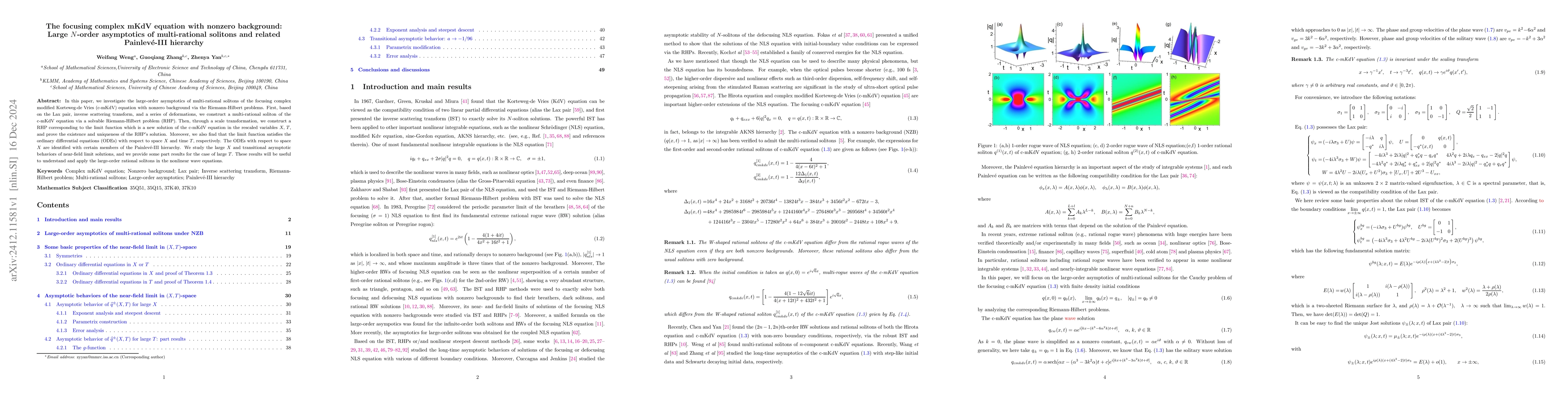 Thumbnail for The focusing complex mKdV equation with nonzero background: Large
  $N$-order asymptotics of multi-rational solitons and related Painlevé-III
  hierarchy