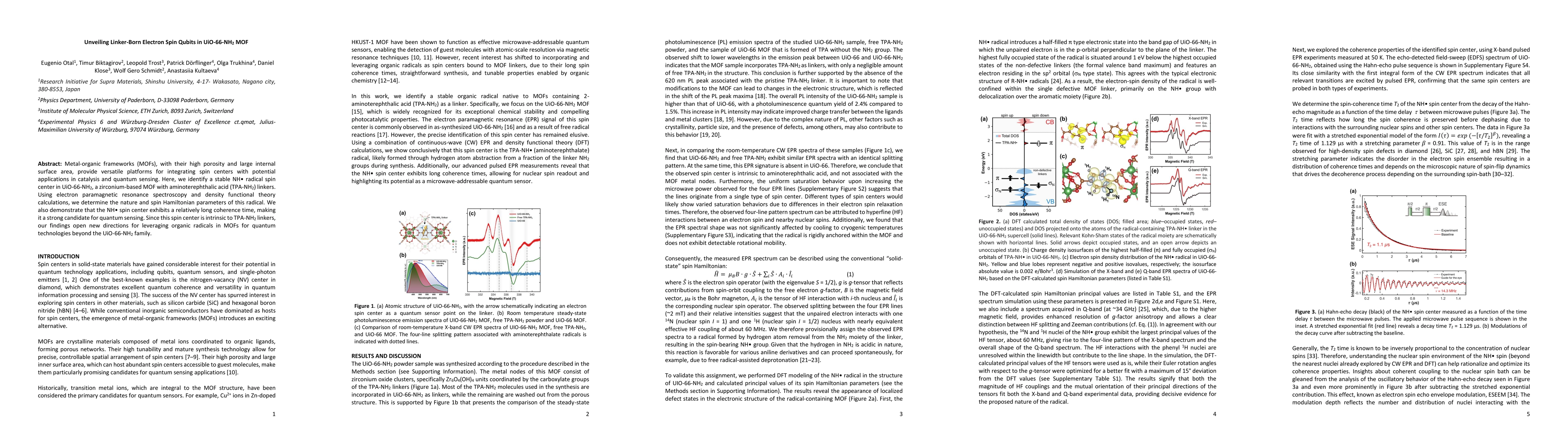 Thumbnail for Unveiling Linker-Born Electron Spin Qubits in UiO-66-NH$_2$ MOF