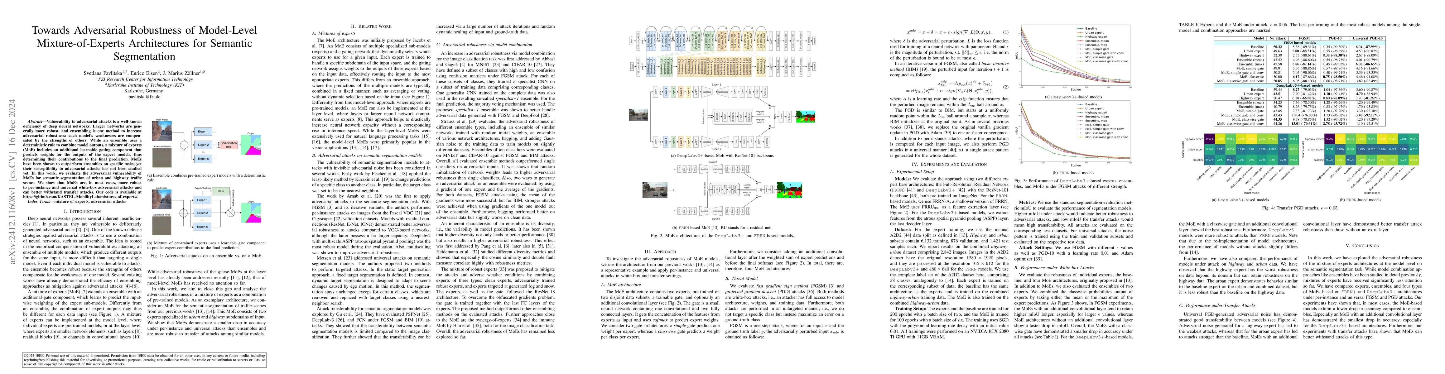 Thumbnail for Towards Adversarial Robustness of Model-Level Mixture-of-Experts
  Architectures for Semantic Segmentation