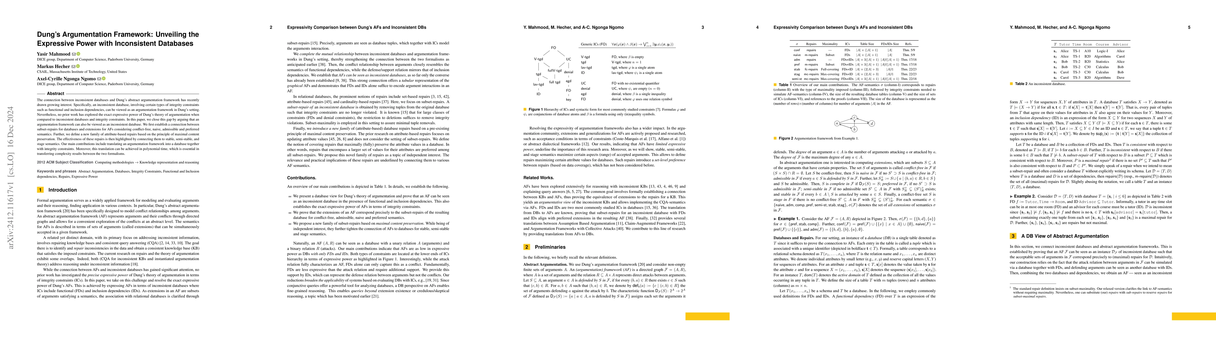 Thumbnail for Dung's Argumentation Framework: Unveiling the Expressive Power with
  Inconsistent Databases