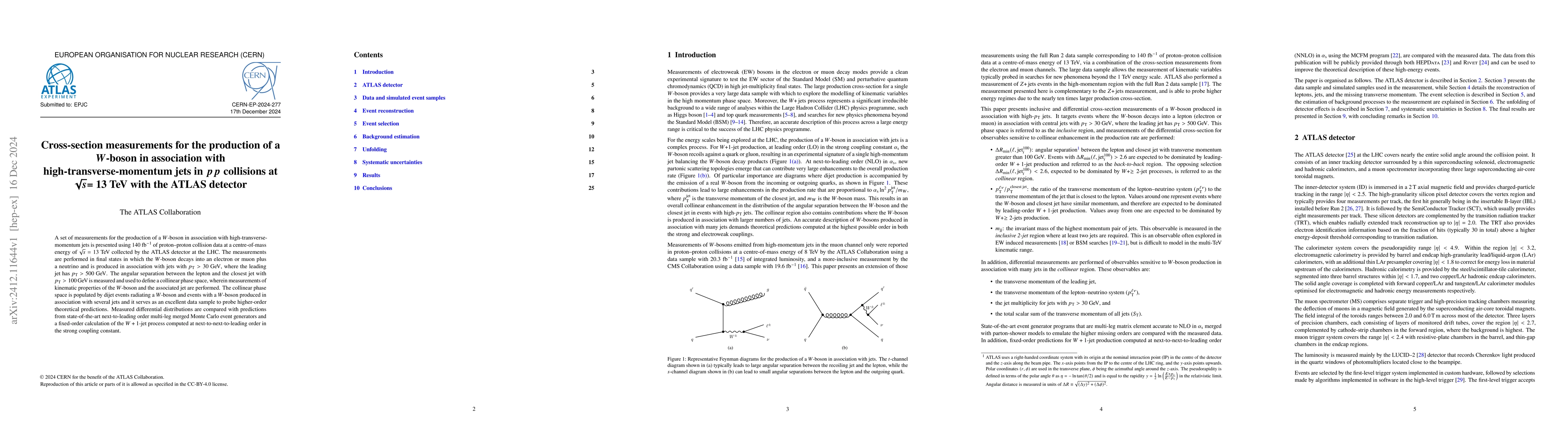Thumbnail for Cross-section measurements for the production of a $W$-boson in
  association with high-transverse-momentum jets in $pp$ collisions at
  $\sqrt{s}$= 13 TeV with the ATLAS detector