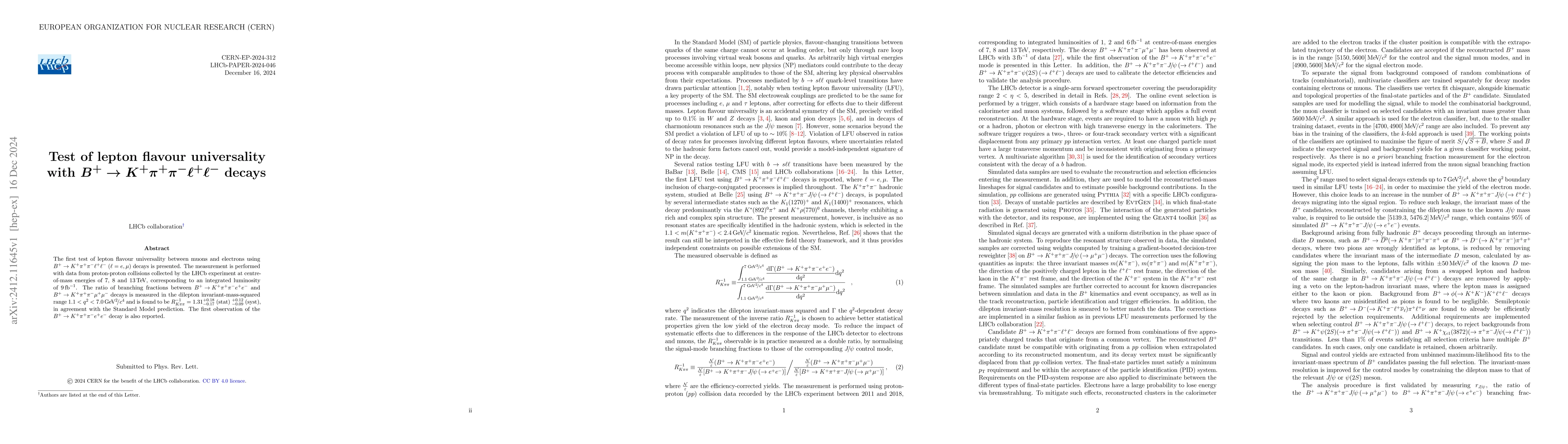 Thumbnail for Test of lepton flavour universality with $B^+ \to
  K^+π^+π^-\ell^+\ell^-$ decays