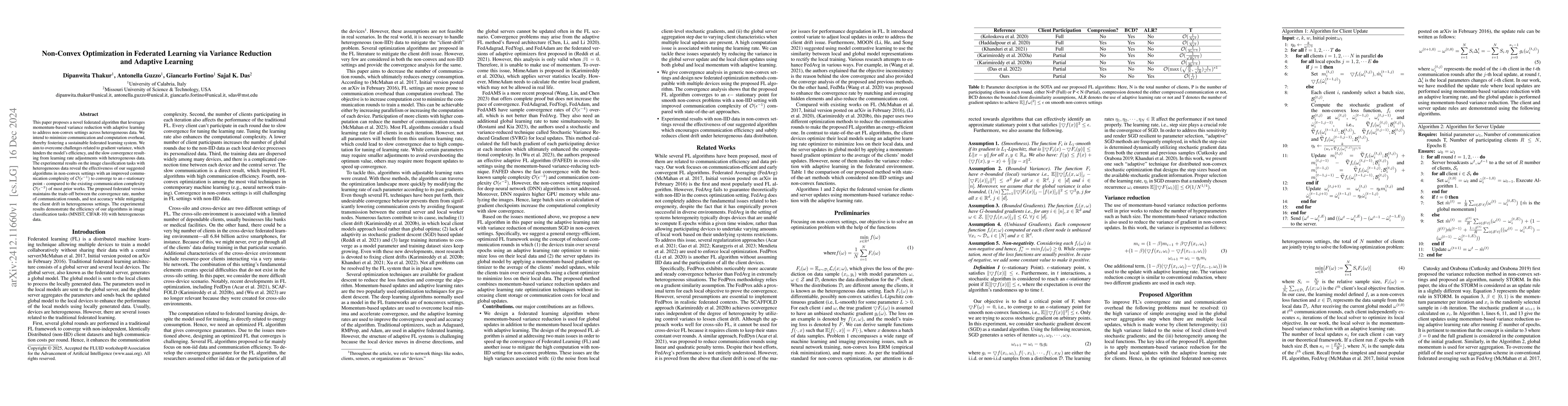 Thumbnail for Non-Convex Optimization in Federated Learning via Variance Reduction and
  Adaptive Learning