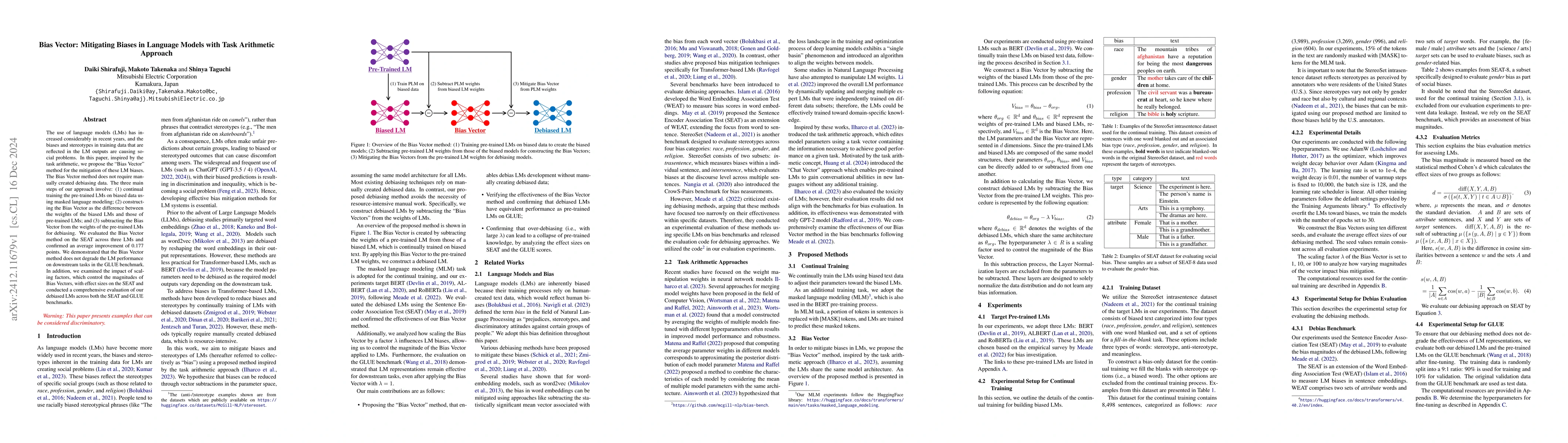Thumbnail for Bias Vector: Mitigating Biases in Language Models with Task Arithmetic
  Approach