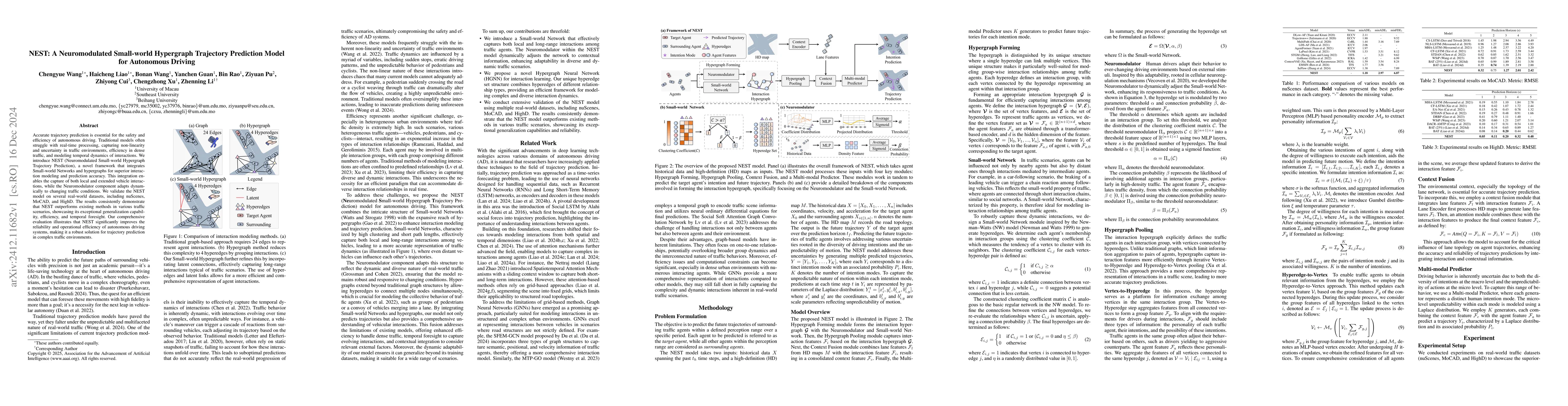 Thumbnail for NEST: A Neuromodulated Small-world Hypergraph Trajectory Prediction
  Model for Autonomous Driving
