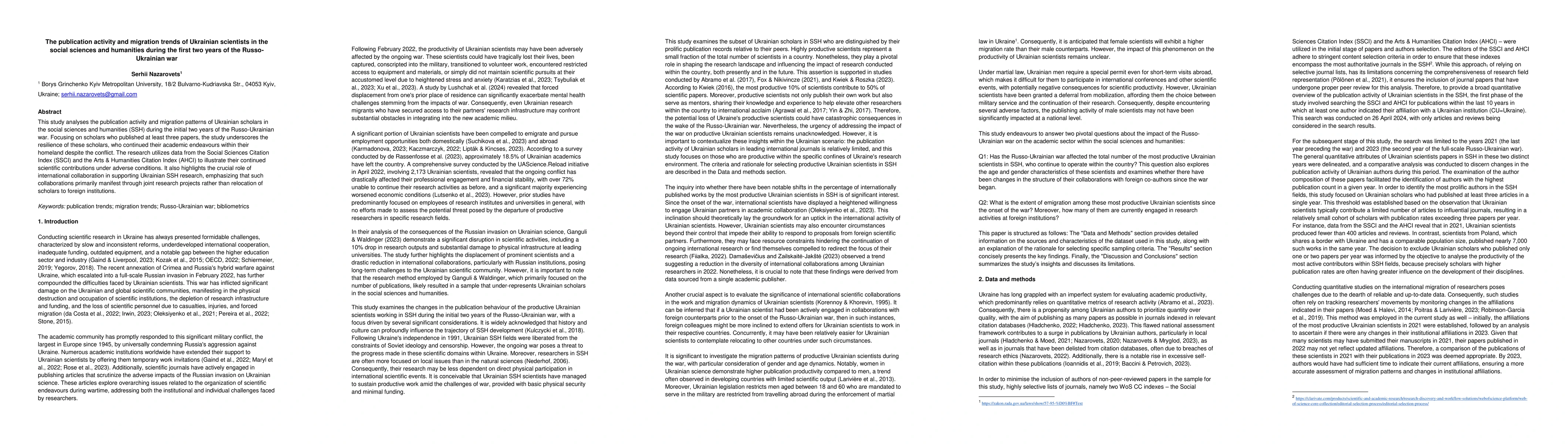 Thumbnail for The publication activity and migration trends of Ukrainian scientists in
  the social sciences and humanities during the first two years of the
  Russo-Ukrainian war