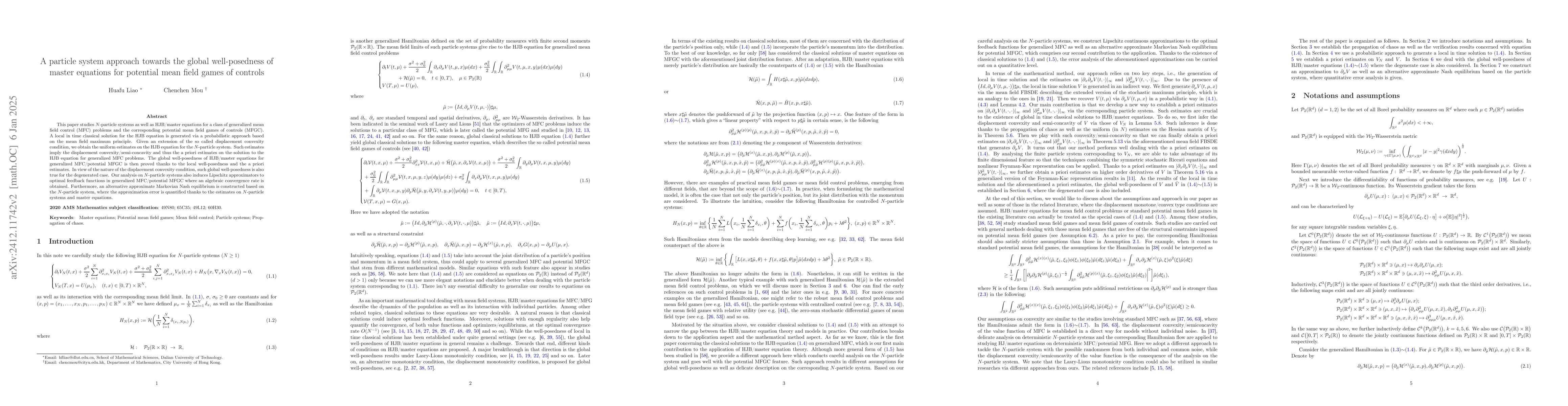 Thumbnail for A particle system approach towards the global well-posedness of master
  equations for potential mean field games of control