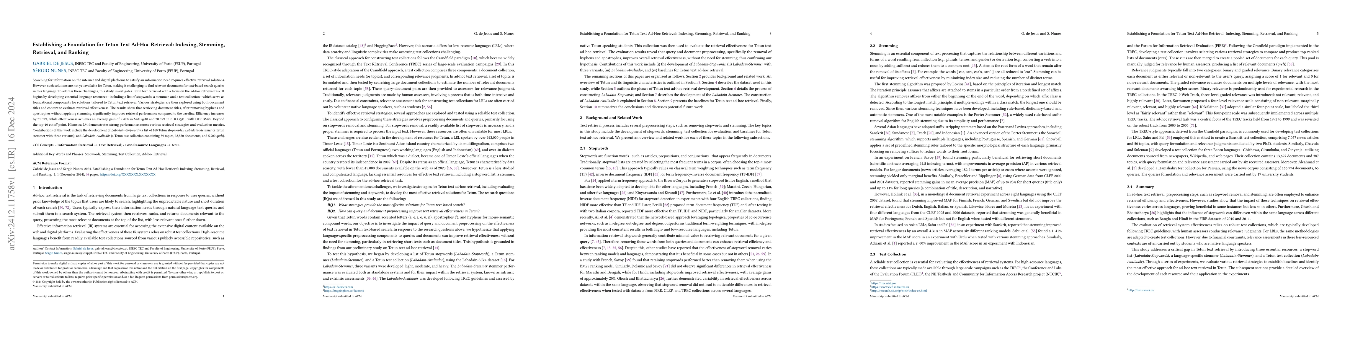 Thumbnail for Establishing a Foundation for Tetun Text Ad-Hoc Retrieval: Indexing,
  Stemming, Retrieval, and Ranking