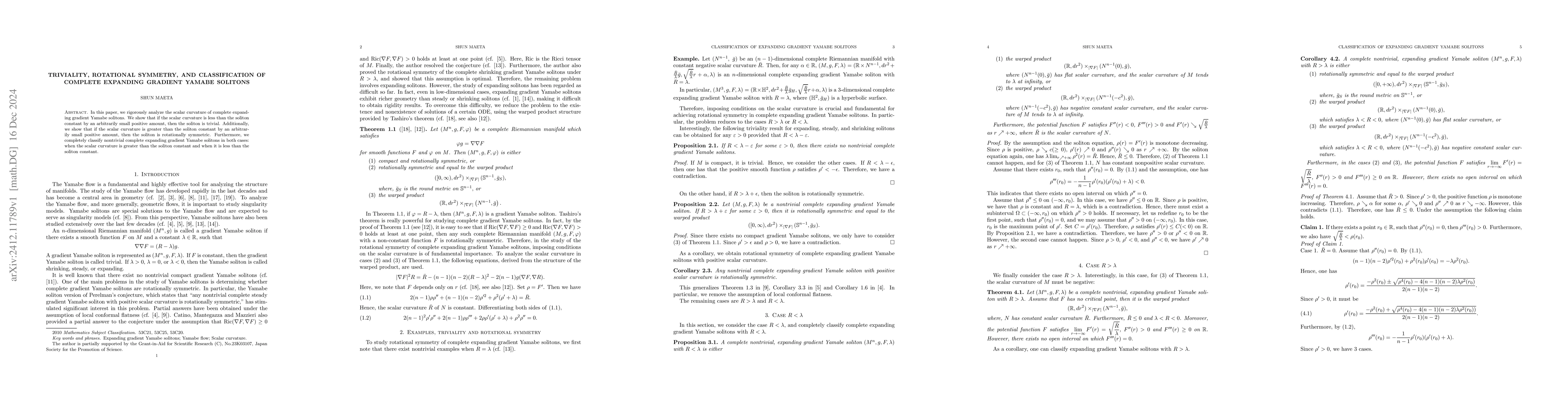 Thumbnail for Triviality, Rotational Symmetry, and Classification of Complete
  Expanding Gradient Yamabe Solitons