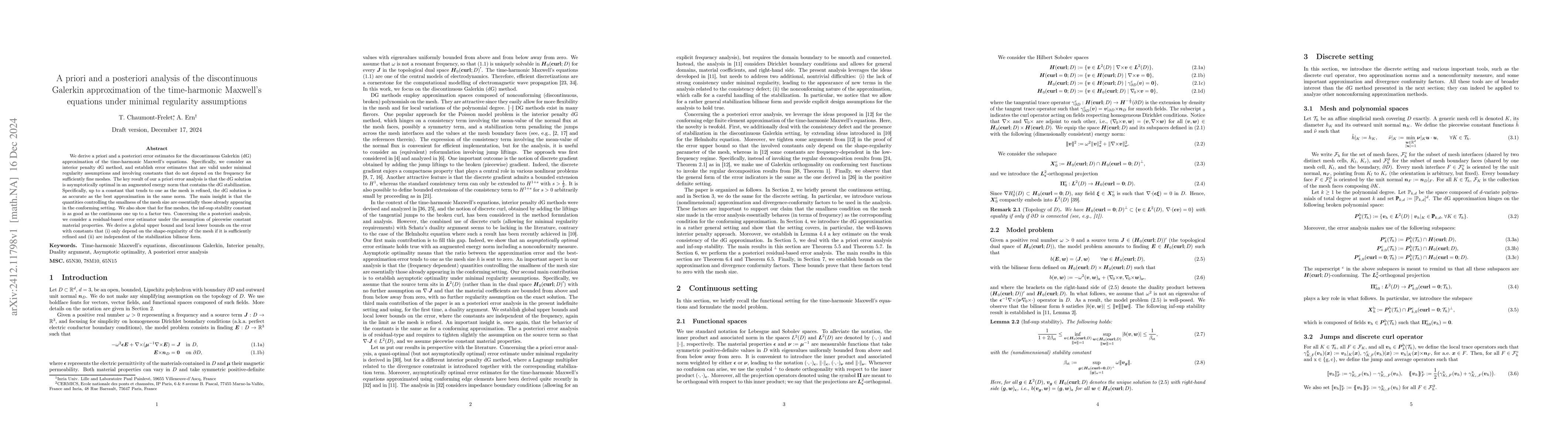 Thumbnail for A priori and a posteriori analysis of the discontinuous Galerkin
  approximation of the time-harmonic Maxwell's equations under minimal
  regularity assumptions