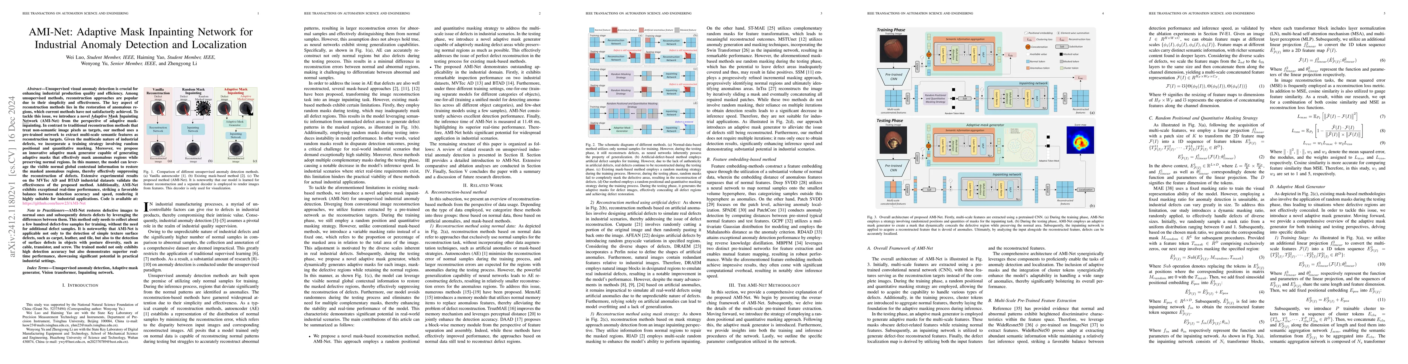Thumbnail for AMI-Net: Adaptive Mask Inpainting Network for Industrial Anomaly
  Detection and Localization
