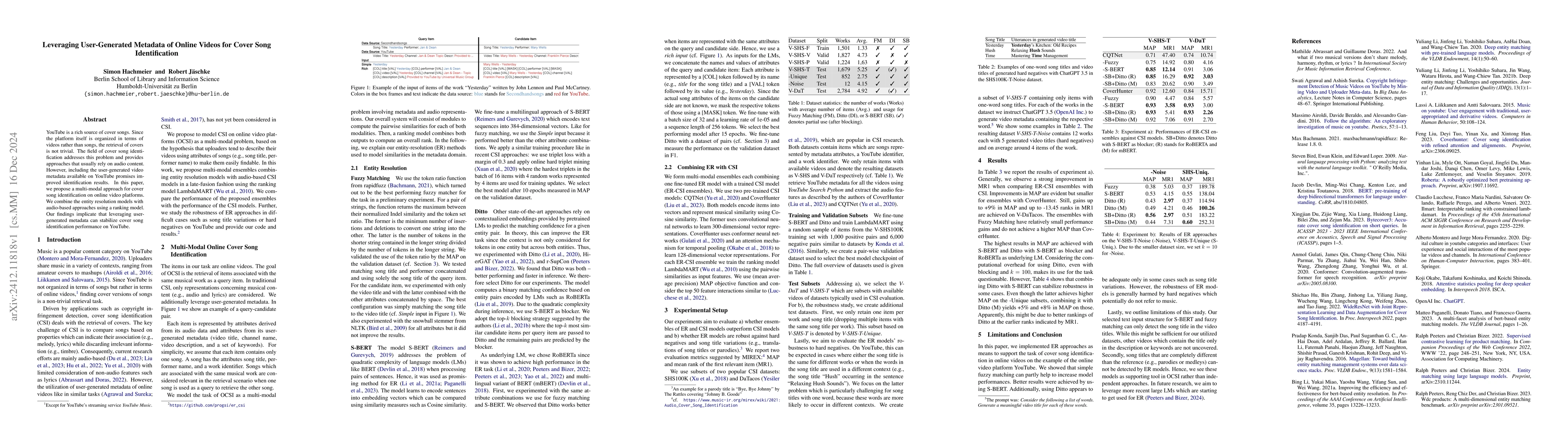 Thumbnail for Leveraging User-Generated Metadata of Online Videos for Cover Song
  Identification