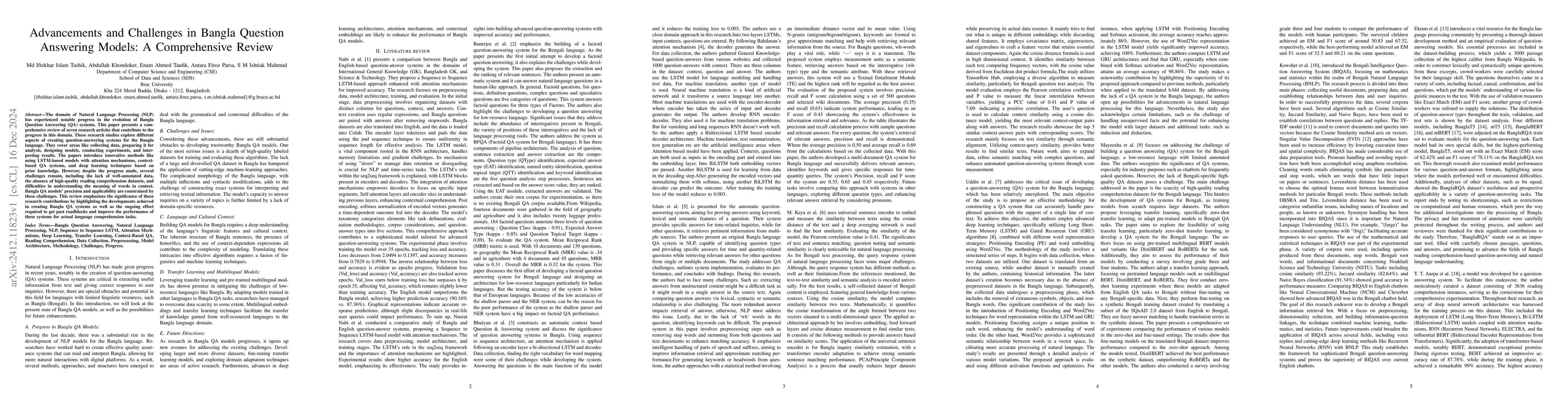 Thumbnail for Advancements and Challenges in Bangla Question Answering Models: A
  Comprehensive Review