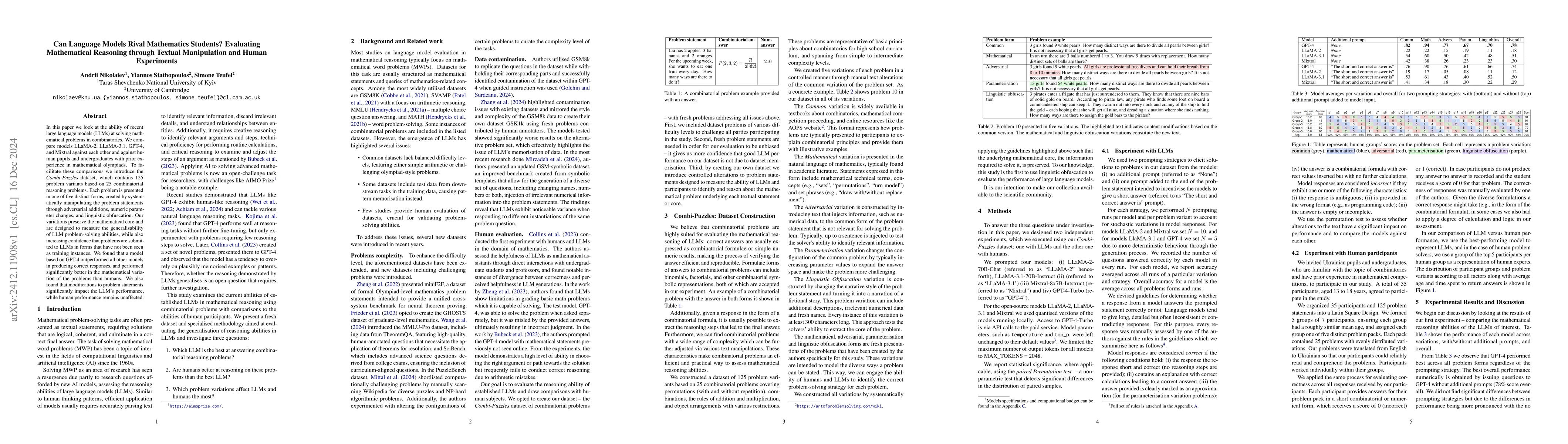 Thumbnail for Can Language Models Rival Mathematics Students? Evaluating Mathematical
  Reasoning through Textual Manipulation and Human Experiments