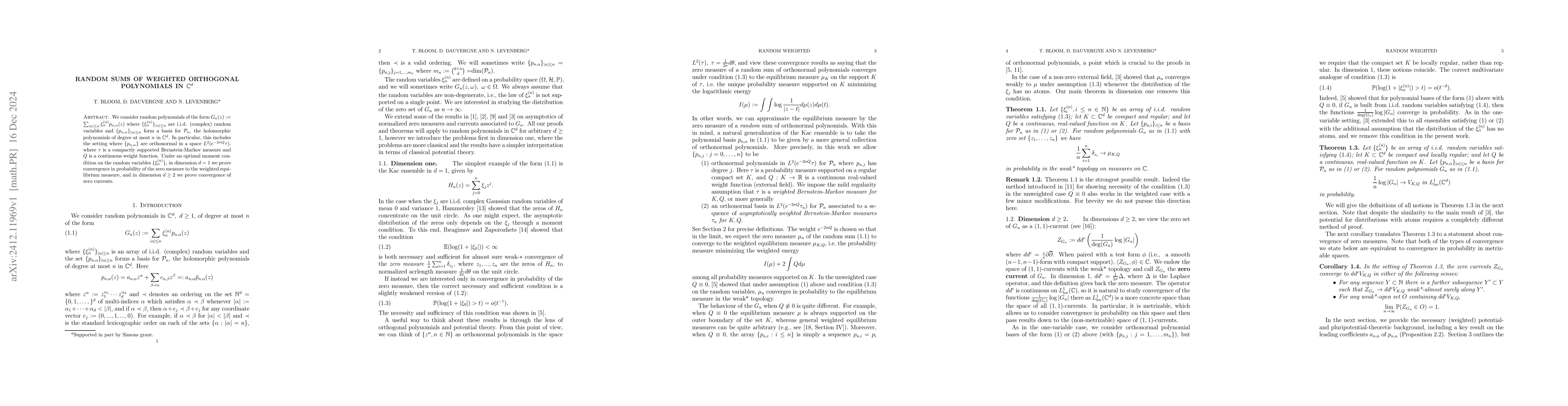 Thumbnail for Random Sums of Weighted Orthogonal Polynomials in ${\mathbb C}^d$