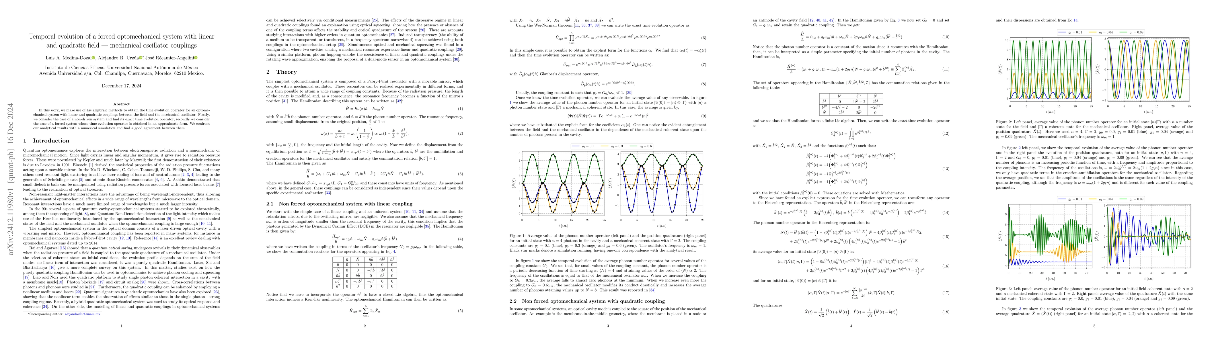 Thumbnail for Temporal evolution of a forced optomechanical system with linear and
  quadratic field -- mechanical oscillator couplings
