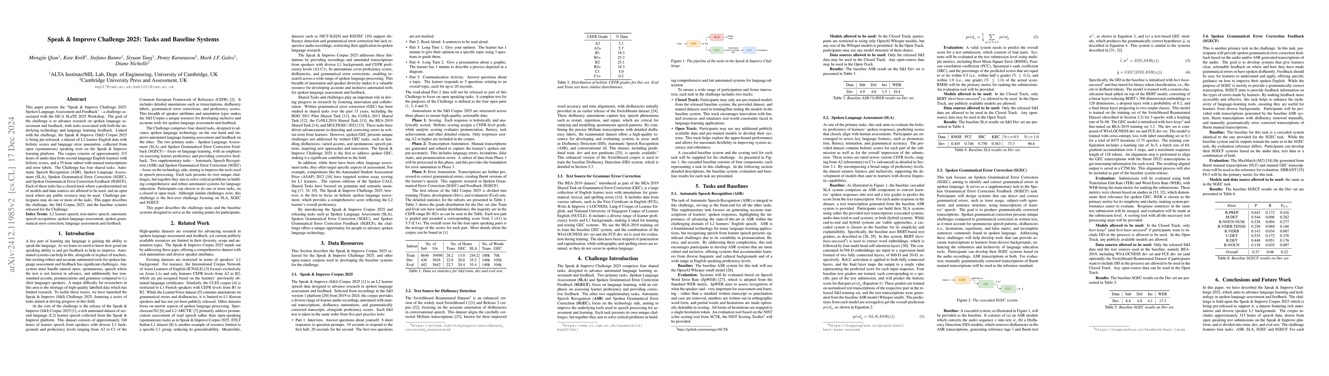 Thumbnail for Speak & Improve Challenge 2025: Tasks and Baseline Systems