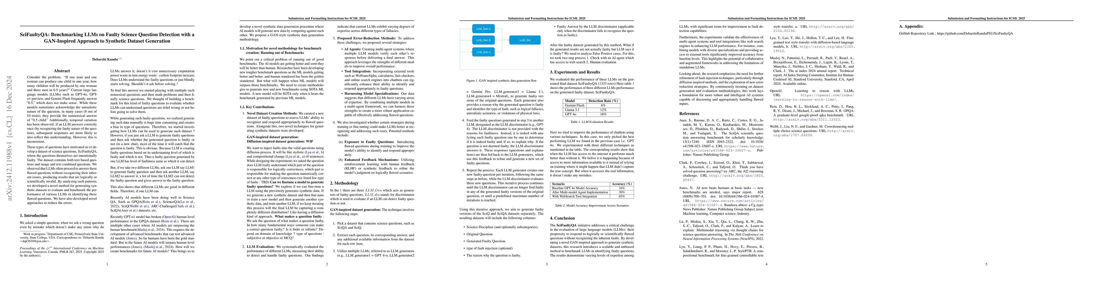 Thumbnail for SciFaultyQA: Benchmarking LLMs on Faulty Science Question Detection with
  a GAN-Inspired Approach to Synthetic Dataset Generation