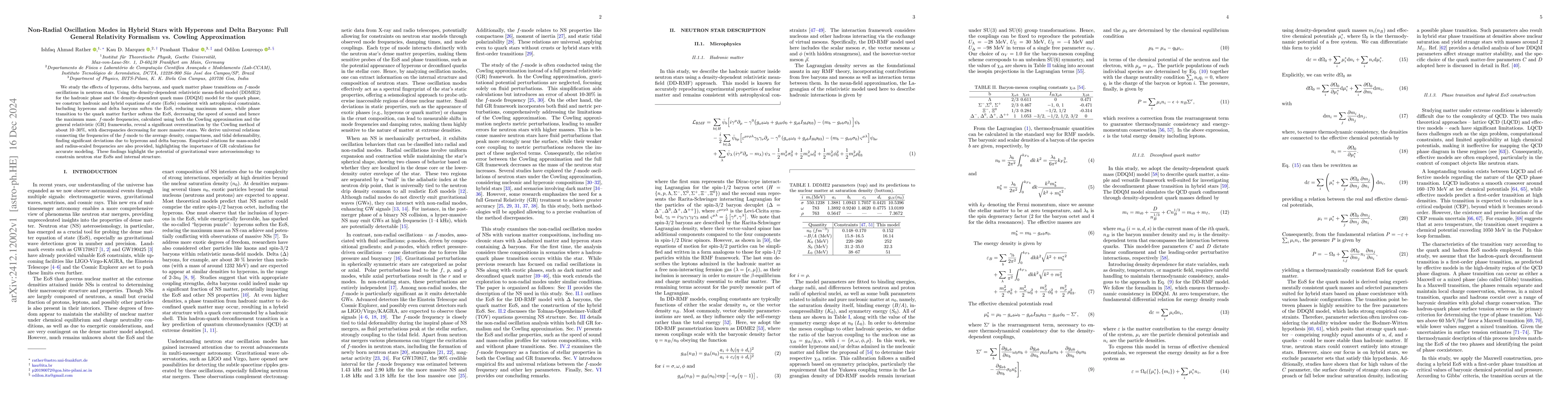 Thumbnail for Non-Radial Oscillation Modes in Hybrid Stars with Hyperons and Delta
  Baryons: Full General Relativity Formalism vs. Cowling Approximation