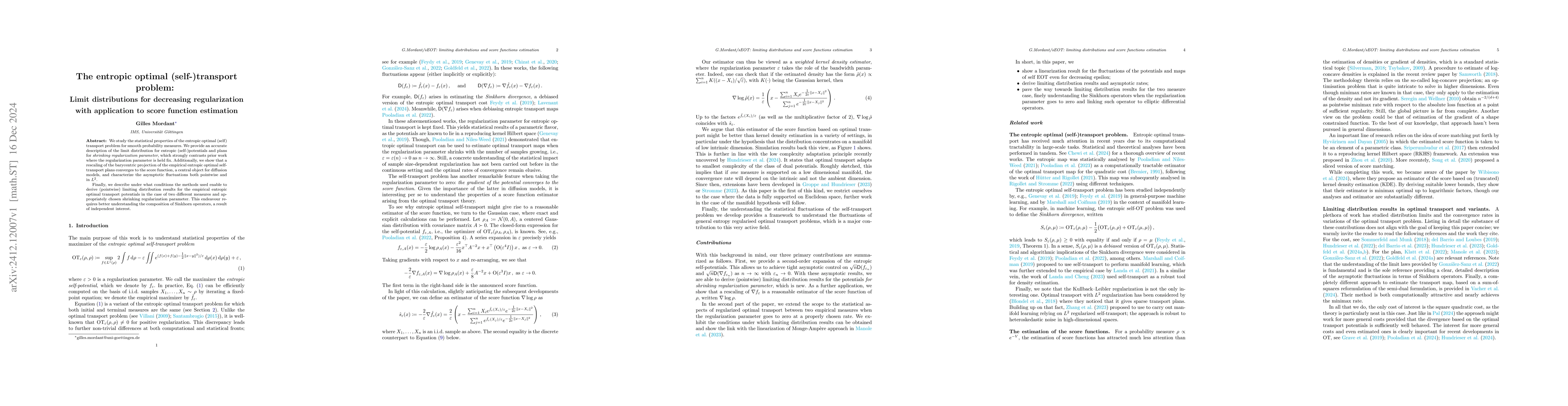 Thumbnail for The entropic optimal (self-)transport problem: Limit distributions for
  decreasing regularization with application to score function estimation