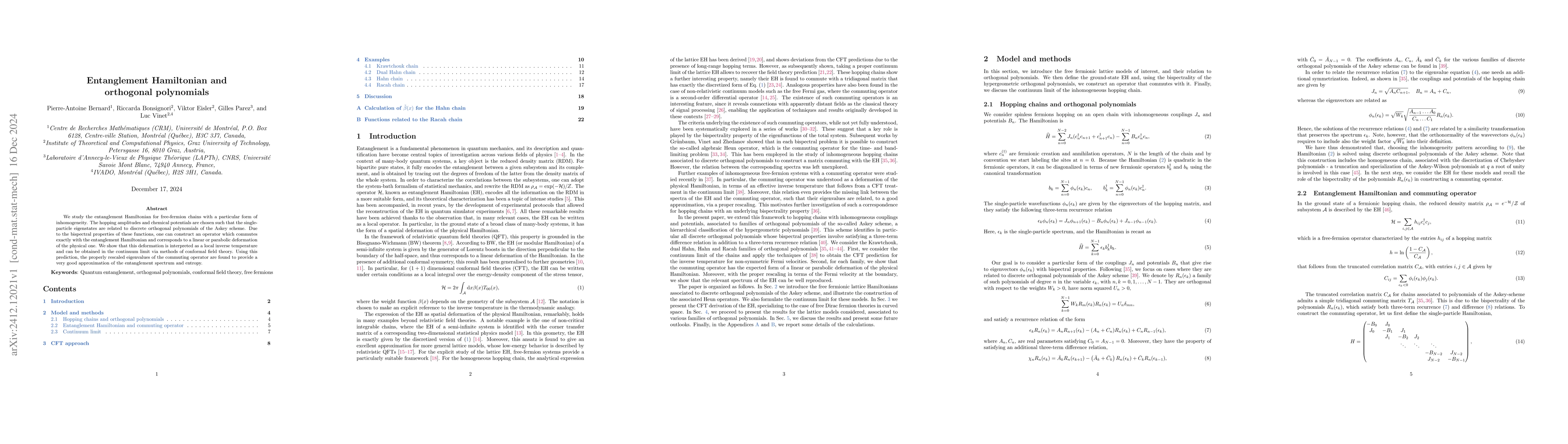 Thumbnail for Entanglement Hamiltonian and orthogonal polynomials