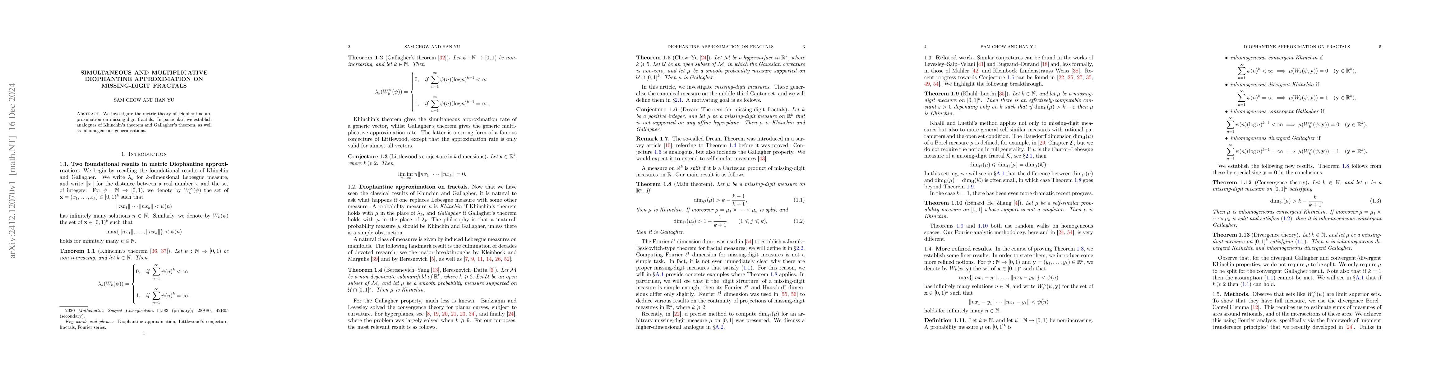 Thumbnail for Simultaneous and multiplicative Diophantine approximation on
  missing-digit fractals