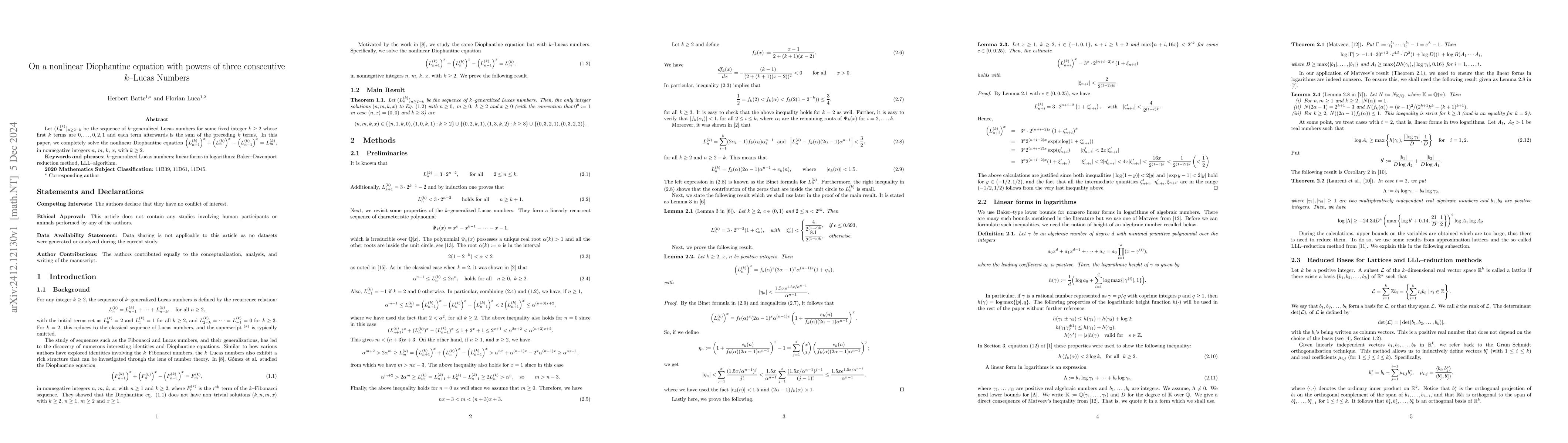 Thumbnail for On a nonlinear Diophantine equation with powers of three consecutive
  $k$--Lucas Numbers