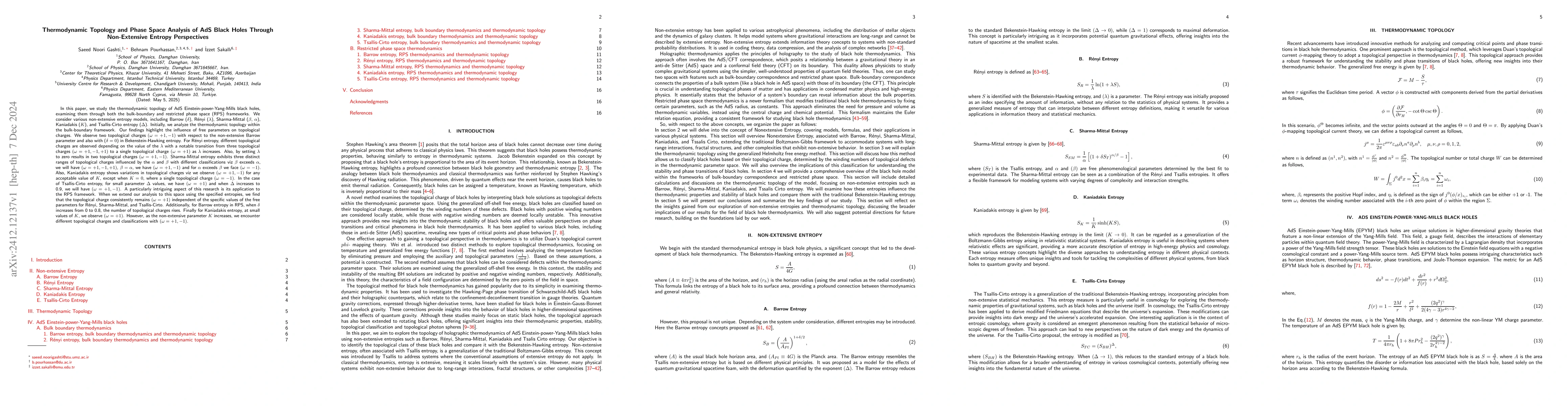 Thumbnail for Thermodynamic Topology and Phase Space Analysis of AdS Black Holes
  Through Non-Extensive Entropy Perspectives