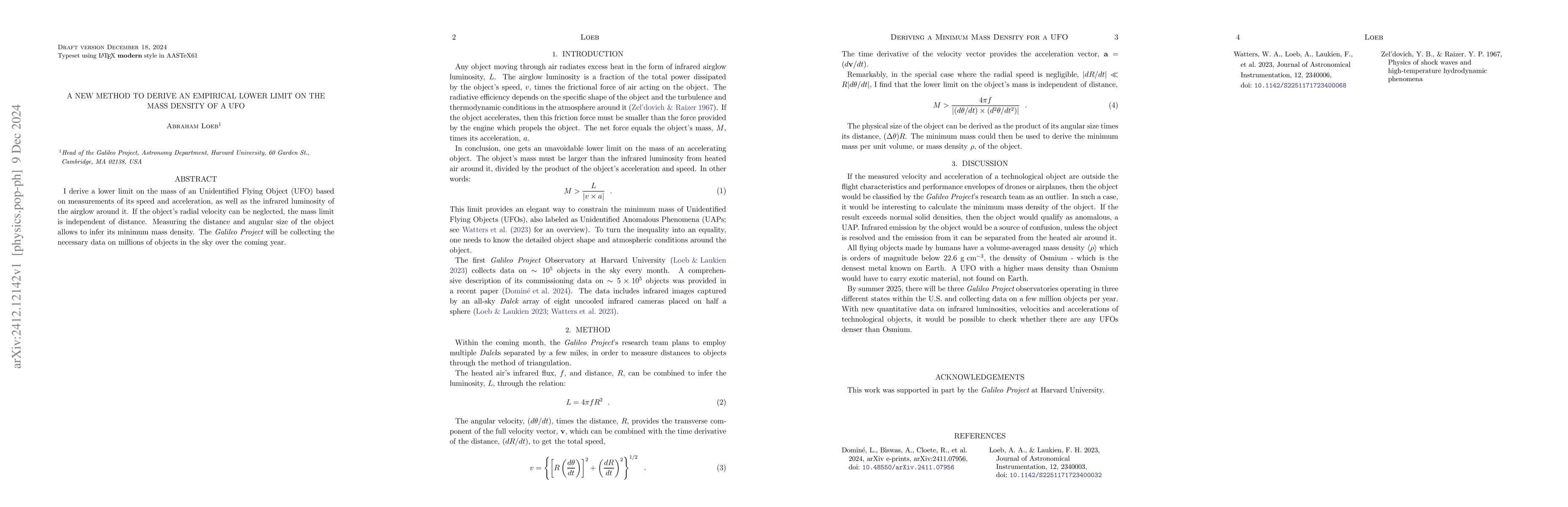 Thumbnail for A New Method to Derive an Empirical Lower Limit on the Mass Density of a
  UFO