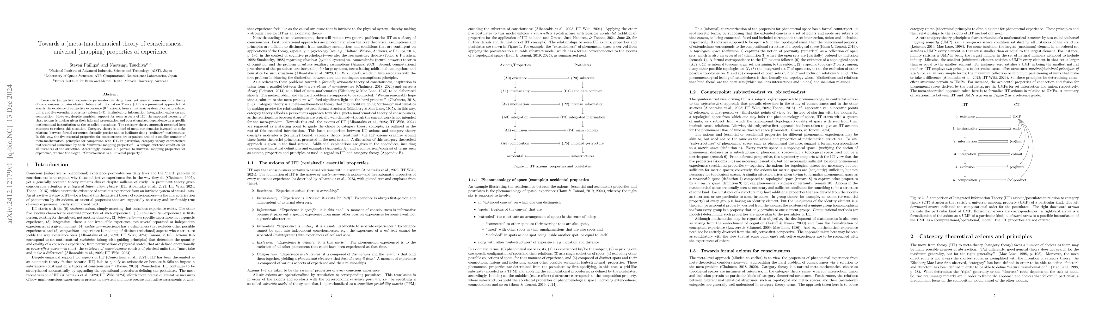 Thumbnail for Towards a (meta-)mathematical theory of consciousness: universal
  (mapping) properties of experience