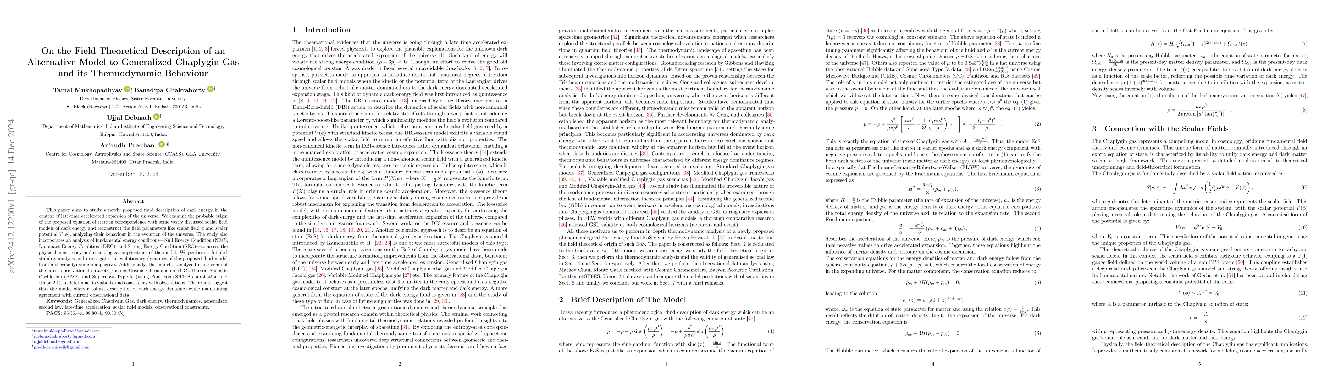Thumbnail for On the Field Theoretical Description of an Alternative Model to
  Generalized Chaplygin Gas and its Thermodynamic Behaviour
