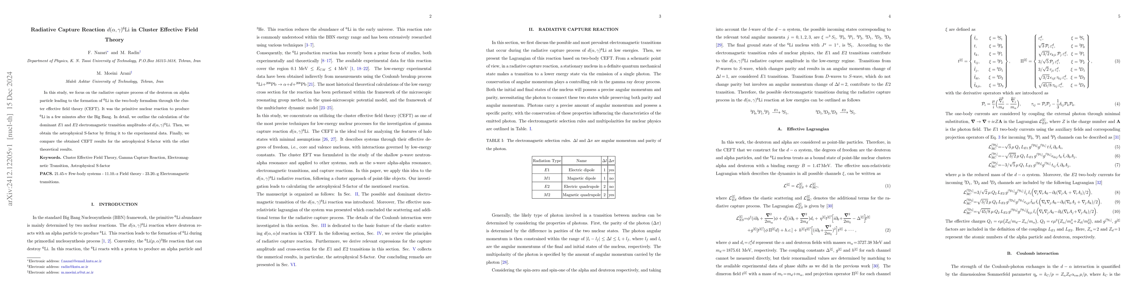 Thumbnail for Radiative Capture Reaction $d(α,γ)^{6}\mathrm{Li} $ in Cluster
  Effective Field Theory